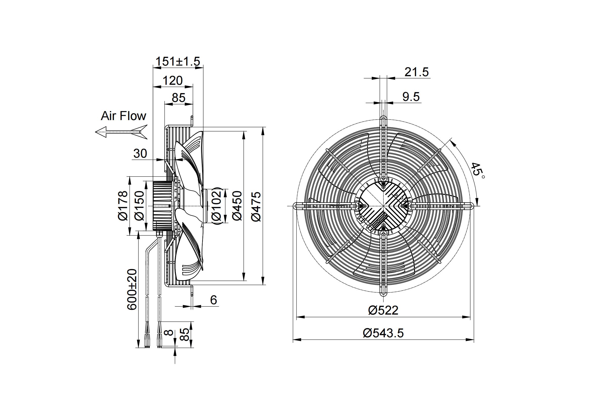 Ventilador axial de bajo consumo EC de 450 mm