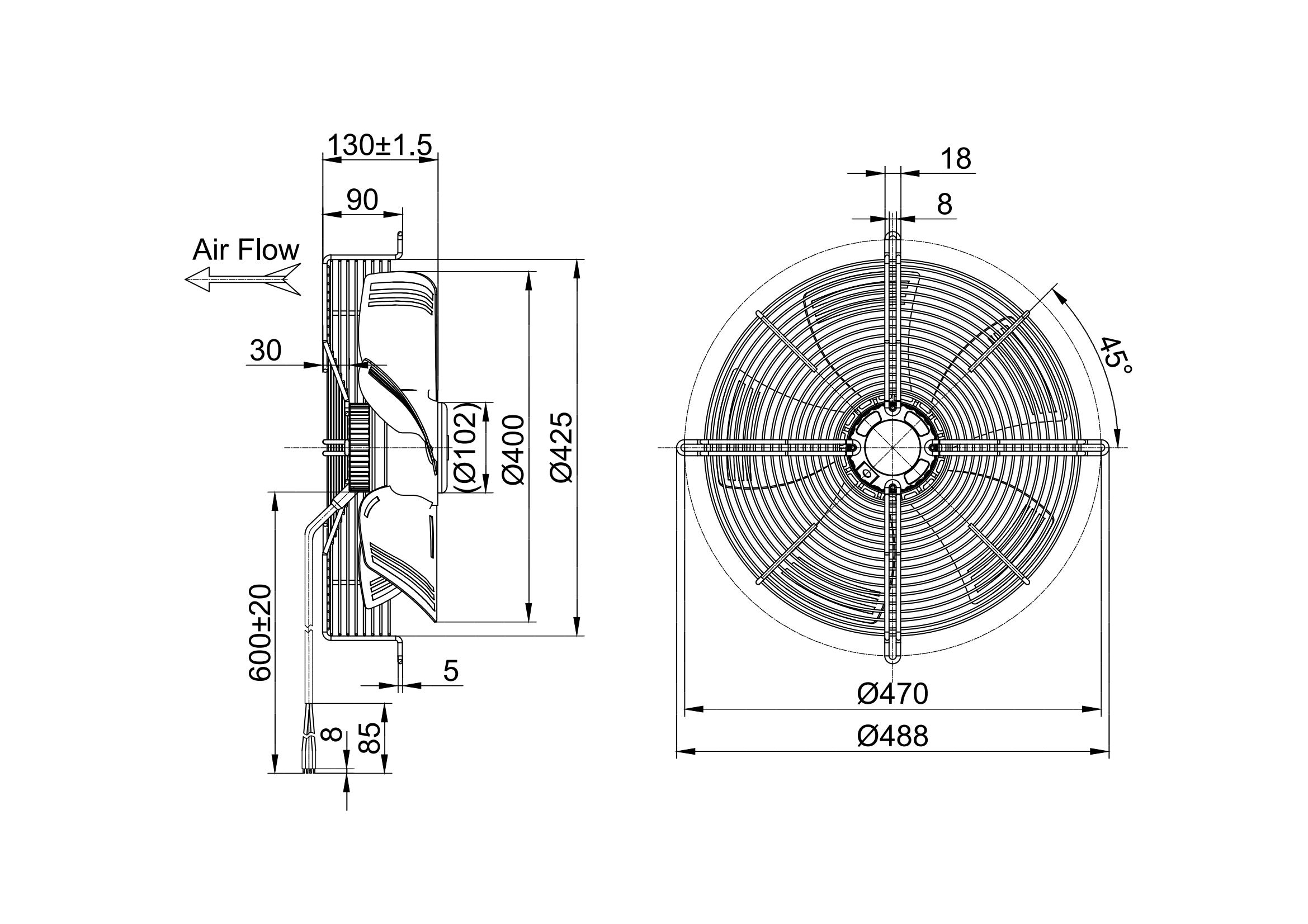 Ventilador axial de bajo consumo de CC de 400 mm