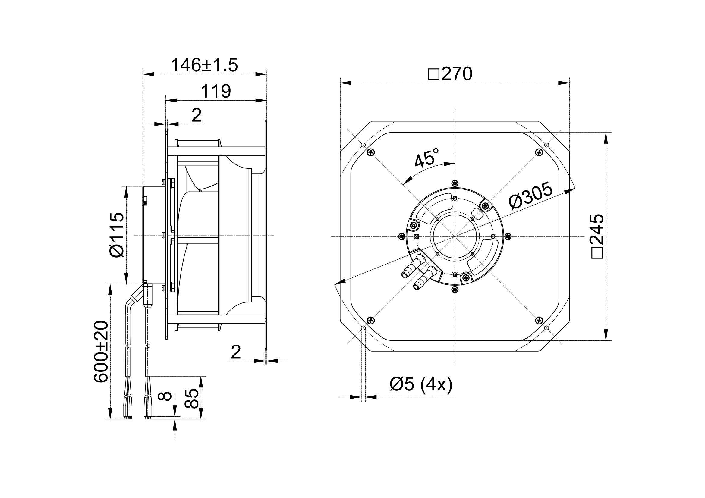 Ventilador centrífugo trasero de 225 mm con soporte