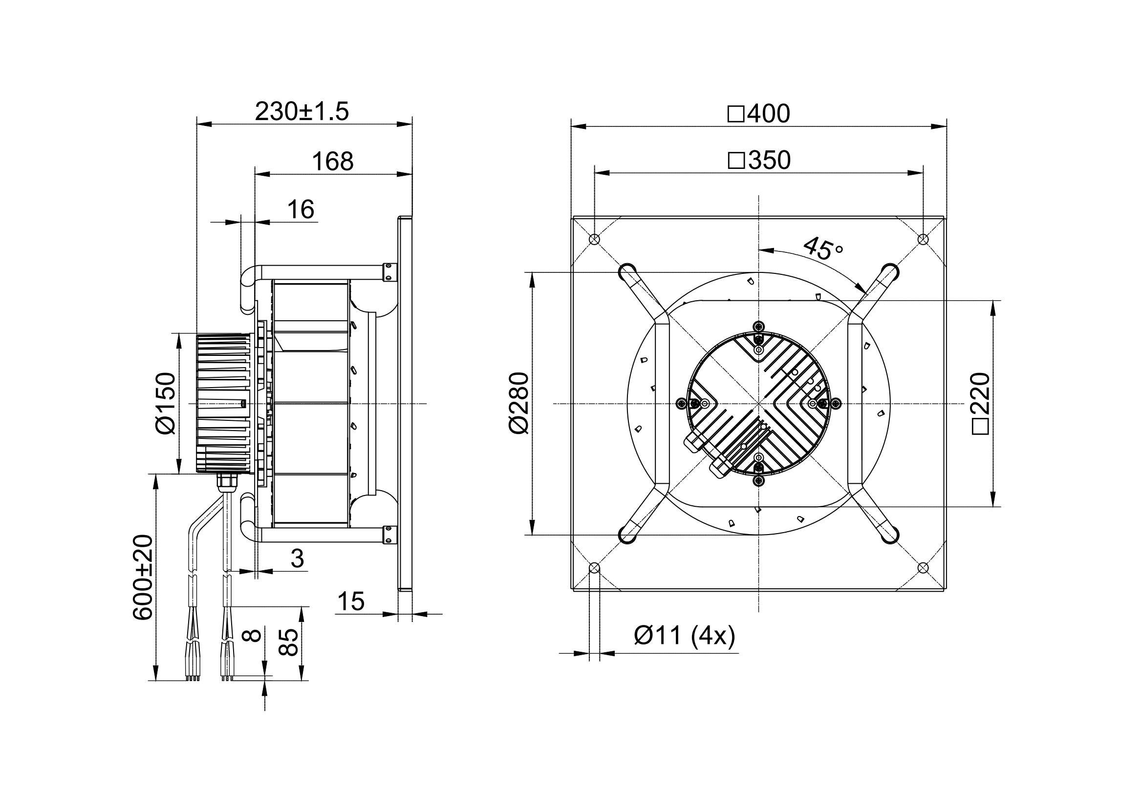 Ventilador centrífugo hacia atrás de 280 mm