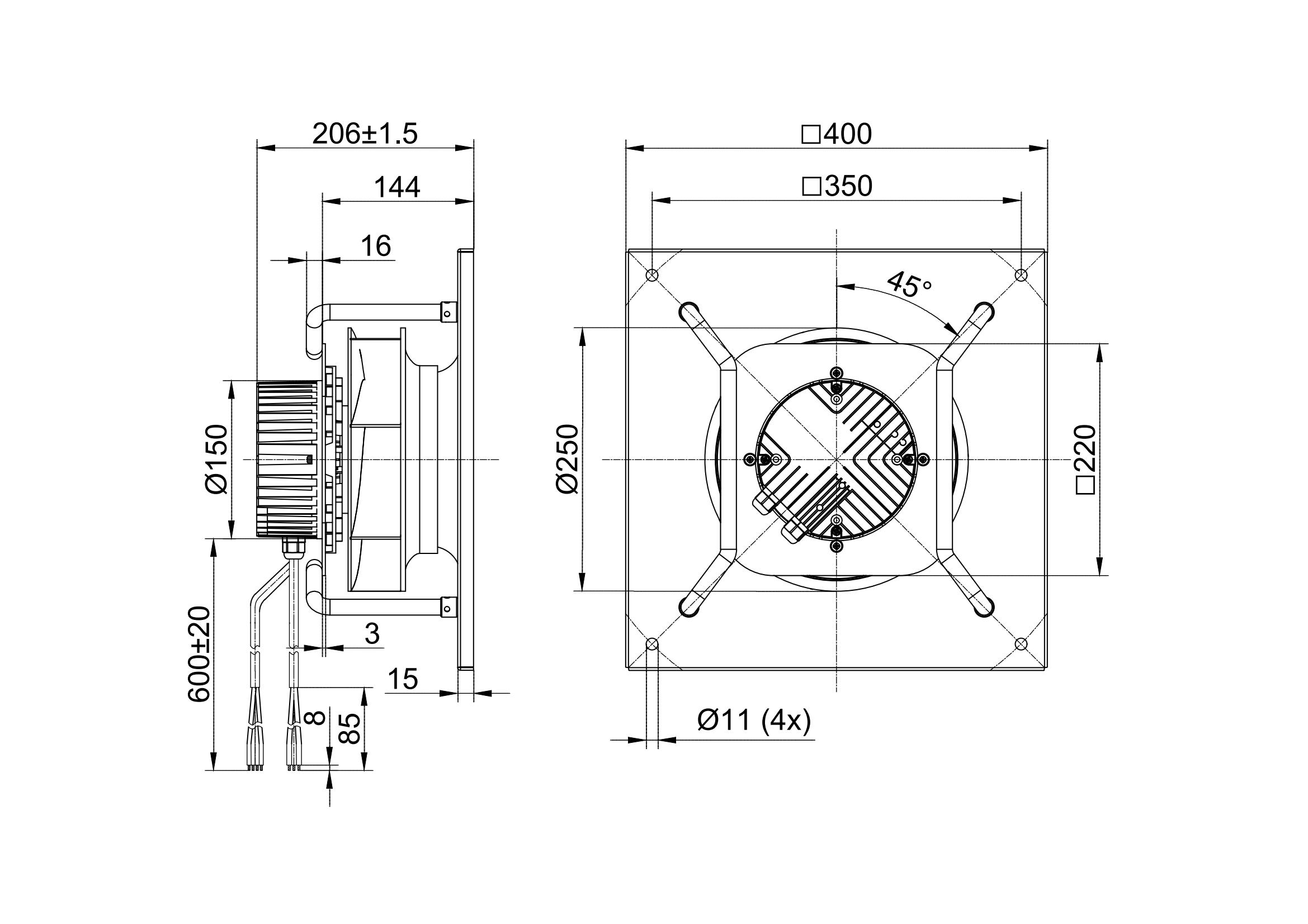 Ventilador centrífugo trasero de 250 mm con soporte