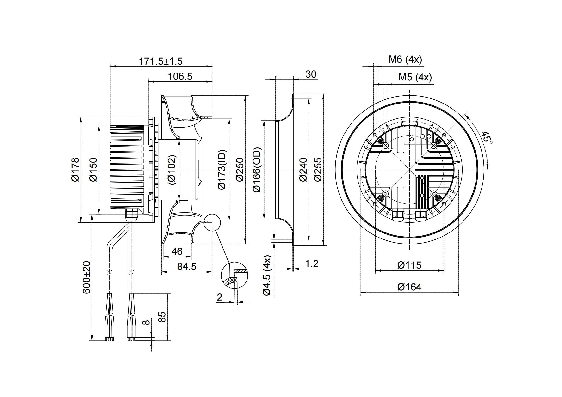 Ventilador centrífugo trasero de 230 V EC de diámetro 250 mm